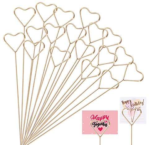 KIMOBER Tischkartenhalter aus Metall, 34 cm, goldfarbenes Herz, Blumen-Picker, Foto-Memo-Clips, Geschenkkartenhalter für Blumenarrangements, Hochzeit und Geburtstagsparty, 30 Stück