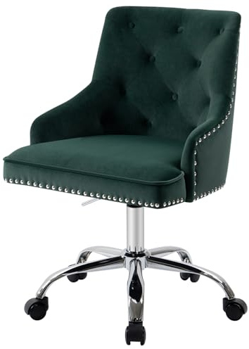 Sepnine Bürostuhl Samt, Schreibtischstuhl Aesthetic Mädchen, Schminkstuhl mit Rollen, Drehstuhl mit Silbernen Stuhlbeinen, Höhenverstellbar, Studie, Büro, Schlafzimmer, Bis 135 kg, Dunkelgrün