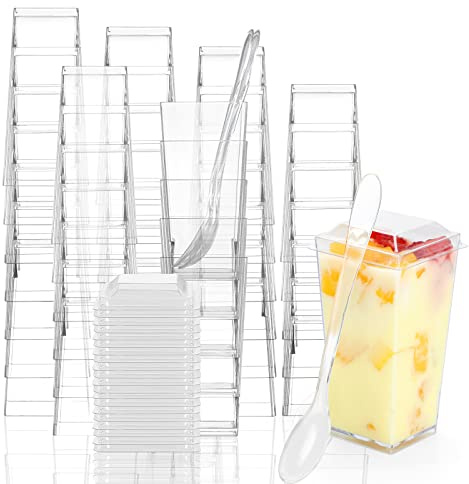 EASERCY 50 Pack 3 oz Square Mini Dessert Cups with Lids and Spoons Clear Dessert Shooter Cups with Spoons Parfait Cups with Lids Appetizer Cups for Party Small Plastic Dessert Cups for Pudding