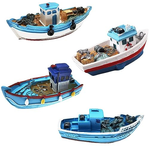 MAOMIA Big Mediterranean Style 4 Pcs Miniature Boats Figurine Fairy Garden Vintage Pirate Ship, Micro Landscape Fishing Boat Model Decoration