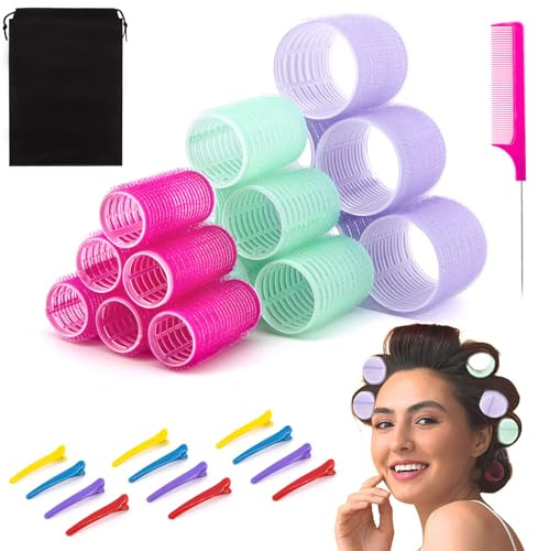 UoQo Hair Rollers for Long Hair, 32 Pcs Salon Hairdressing Curlers Rollers Set for Hair, Random Color Self Grip Hair Roller Kit with 12 Clips 1 Comb and A Large Storage Bag