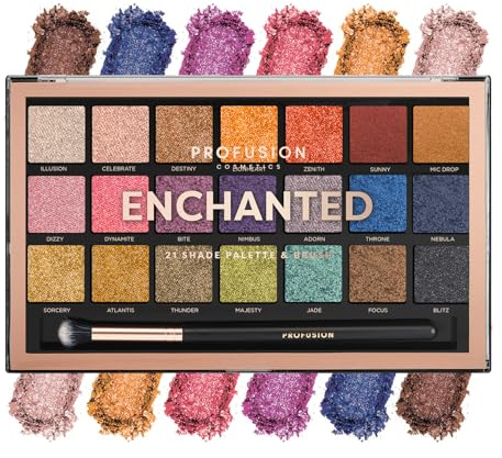 Profusion Cosmetics Enchanted 21 Shade Eyeshadow Palette and Brush, Get Mesmerizing Eye Magic and Day to Night Glam with the Enchanted Palette, Sparkle and Shine with Vibrant Colors