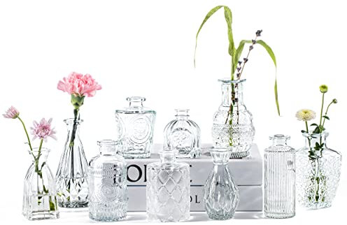 PURVONNIE Vintage Small Vases for Flowers Set of 10, Mini Bud Vases for Flowers,Clear Small Vases in Bulk for Centerpieces Decorations,Wedding Party Home Coffee Table Flower Decor (Clear)