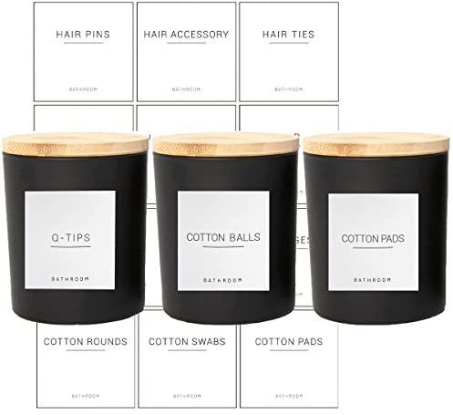 3PCS Modern 13.53oz Black Bathroom Canisters with 12 Labels & Wooden Lid Thick Glass Jar Set Qtip Holder for Cotton Ball & Pads Storage Organization Minimalist Decor