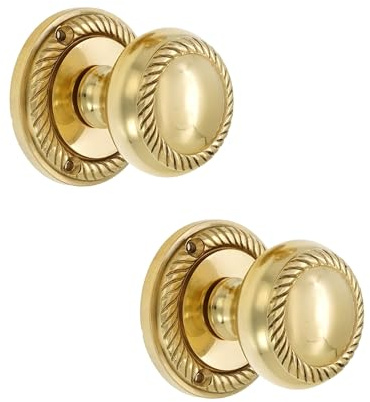 Infinity Decor Türknauf-Set aus massivem Messing, georgisches Seil-Design, 50 mm, poliertes Messing, gefederte Zuggriffe, ideal für Innen- und Außentüren