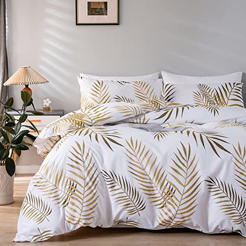 Michorinee Golden Leaves Duvet Cover Set Double Size Tropical Palm Leaf White and Gold Bedding Set Quilt Cover with Zipper Closure - 1 Duvet Cover 200x200 + 2 Pillowcases 50x75 cm