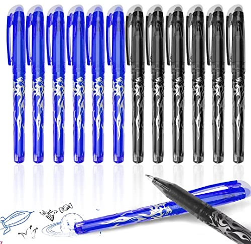 Radierbarer Kugelschreiber, 0.5mm Radiergummi Stift, 12pcs Nachfüllbarer Radierstift, Blau und Schwarz Tintenroller Radierbar, Gelschreiber Radierbar, Friction Stifte, Gelstifte Set für Grundschule