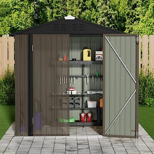 JUMMICO Metal Outdoor Storage Shed 6 x 4 FT Metal Shed with Lockable Door,Waterproof Garden Tool Shed Storage House for Backyard Patio Lawn,Brown