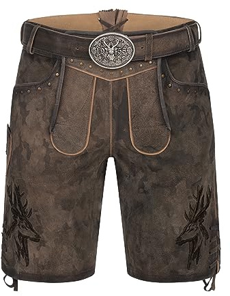 Krüger Herren Trachten Lederhose, kurz, Modell: Lederhose Matze mit Gürtel, Knielang, braun, Tracht, Volksfest