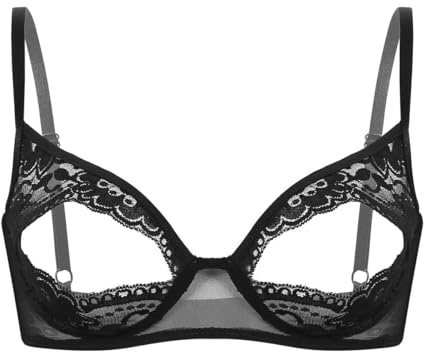 GRRKDFQ Sexy Mujer Transparente Sujetadores Abiertos Ropa De Dormir Encaje Pezón Bralette Dividido,Negro,M