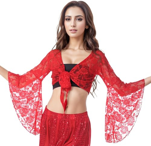 Duohropke Costume de danse du ventre pour femme - Haut en dentelle - Boléro ouvert à l'avant - Cardigan avec pompon - Veste enveloppante avec tenue de danse