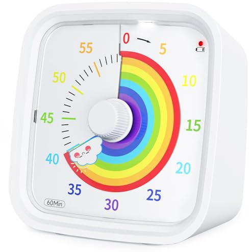 Yunbaoit Visueller Timer mit Schutzhülle, Regenbogen-Scheibe 60-Minuten-Countdown-Timer für Kinder und Erwachsene, leises Time Management-Werkzeug(Weiß Regenbogen)