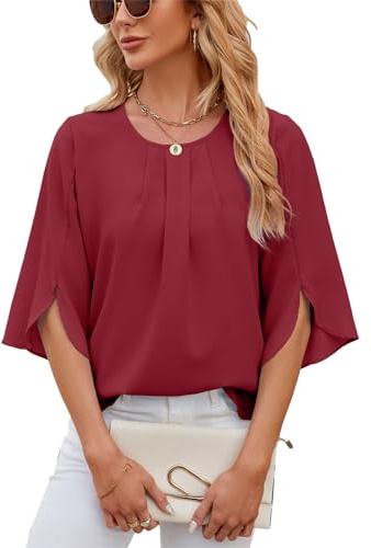 LEKOPUR Damblus, 3/4-ärm, toppar, elegant tunika, chiffong, damblusar, topp, enfärgad, vår, höst, blus, skjorta, Flowy, sommarblus, Vinröd, XL