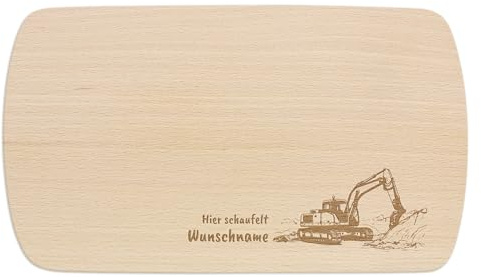 PrintPlanet® - Personalisiertes Holz-Frühstücksbrettchen mit Gravur für Kinder - Schneidebrett mit Namen personalisiert - Motiv: Bagger