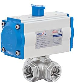 Unox 3/4 (DN20) Double Acting Pneumatic Actuated Ball Valve, Stainless Steel AISI304, Threaded, 3-Way L-Port Pneumatic Ball Valve