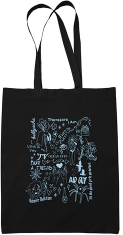 Willow Gifts Billie klotter tygväska – Eilish Happier Than Ever Bad Guy havsögon begrava en vän bärare shoppingväska, Svart, Small