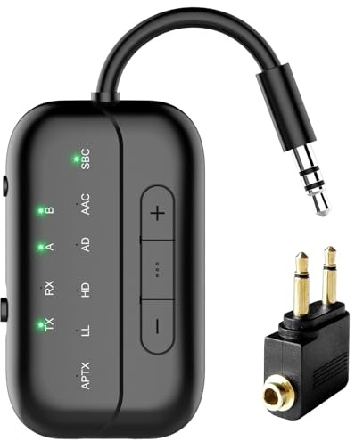 Receptor transmisor Pro Bluetooth 5.4 actualizado 2025, Adaptador inalámbrico de avión 2 en 1 para Vuelo, TV, PC, Gimnasio, Interruptor, Compatible con 2 AirPods/Auriculares; Receptor AUX de Audio