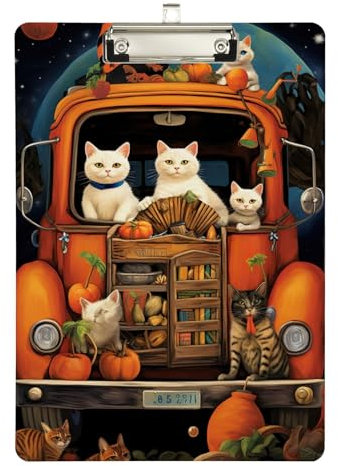Halloween-Katzen auf LKW, Acryl-Klemmbrett, Acryl-Klemmbrett für Kinder, Studenten, Krankenschwestern, Trainer, Lehrer, A4, Briefgröße, 31,8 x 22,9 cm, silberfarbener Clip