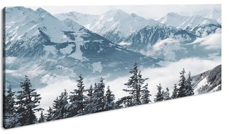 Schneebedeckte Gipfel ragen über eine stille Winterlandschaft – reine alpine Schönheit. Panorama 80x40 cm als Leinwandbild, Motiv gerahmt auf Echtholzrahmen, Hochwertiger Digitaldruck mit Rahmen