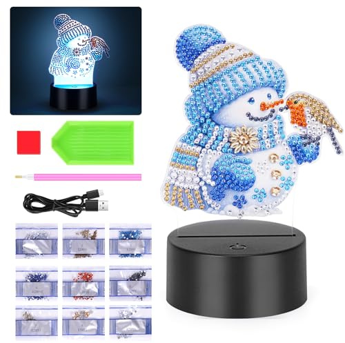 Starnearby DIY Diamond Painting Schneemann Lampe, Doppelseitig Diamond Painting Weihnachten Deko Nachtlicht Bastelset Mädchen, Diamantmalerei Kunst Set Ornamente Hausgeschenk Deko
