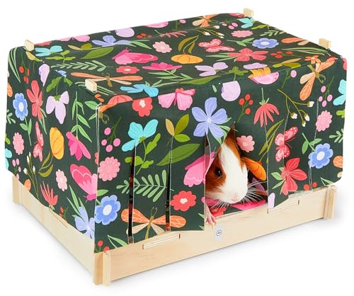 Glittme Guinea Pig Hideout, Wooden Guinea Pig Bed with Waterproof Mat, Durable Rabbit Bed with Door Curtain for Guinea Pig, Rabbit, Ferret, Squirrel, Bunny