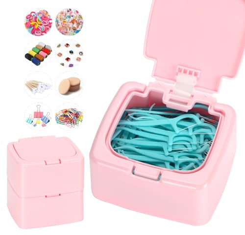 JGB 2 Packs Floss Pick Holder Container With One-Touch Opening, Quick Refill For Qtip, Cotton Swabs, Balls, Pads - Reusable Square Dispenser Box For Home, Hotel, Office Organizers and Storage - Pink