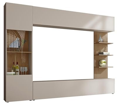 Mirjan24 Wohnwand Lazando, Anbauwand, Mediawand, Schrankwand bestehend aus Hängeschrank, Vitrine, TV-Lowboard und Wandregal (Cashmere/Cremona Eiche)