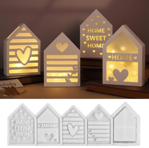 XHYASD 5 Stück Silikonformen Gießformen Häuser,Silikonform Haus, Gießform Haus mit Fenster, Silikonform Mini Häuser, Gießformen Silikon Haus, Kerzenform Seifenform Epoxidharz Formen für Seife Gips