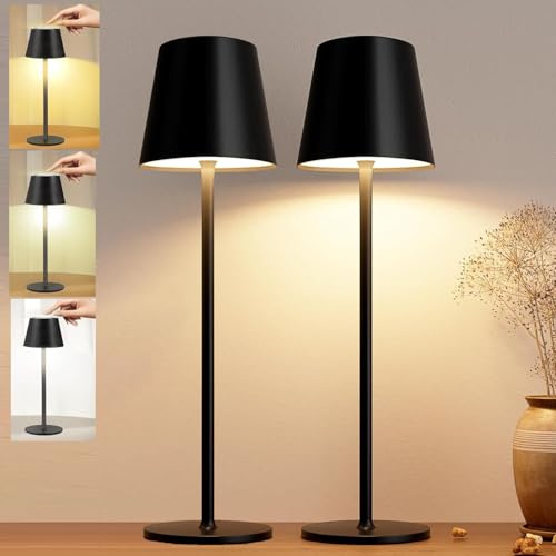 Led Tischlampe Kabellos Mit Touch,2er-Pack Tischlampe Kabellos,Nachttischlampe Touch,Mit 3 Farbtemperatur,Usb-Aufladung,Stufenlos Dimmbar,FüR Restaurant, Schlafzimmer,Party,Camping,Kaffeehaus-Schwarz
