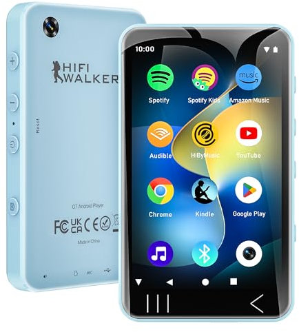 HIFI WALKER G7 MP3 Player with Camera and Speaker, 4 Inch TouchScreen Android 13 MP3 Player, Bluetooth WiFi Music Player with Spotify, 2000mAh, Speaker, Expandable Storage up to 128GB - Blue