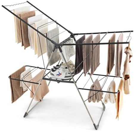 COSTWAY Tendedero de Ropa de 2 Niveles, Estante Plegable para Ropa con 33 Barras de Secado, Alas Ajustables, Clips para Calcetines, Patas de Acero Inoxidable, Uso Interior y Exterior