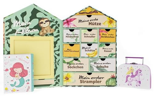 hausleben Baby Erinnerungsbox Set mit 10 Schubladen, Aufbewahrungsbuch & Lila Köfferchen – Grüne Meilenstein Erinnerungskiste für Geburt & Taufe – Baby Geschenkbox