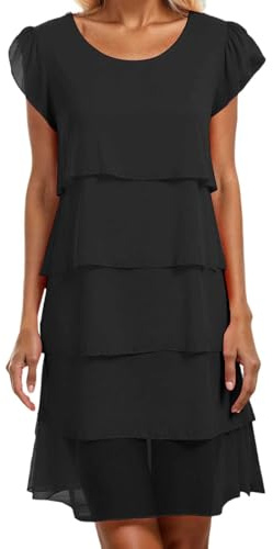Damen Stufen Chiffonkleid Faltenkleid Patchwork Sommerkleider Chiffon Rundhals Kurzärm Kleid Mode Elegant Abend Midikleid Abendkleider Partykleid
