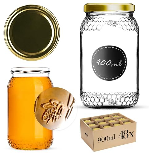 KADAX 48er Set Honiggläser 900ml mit TO82 Schraubdeckel Gold – Einmachglas für Honig, Marmelade & Lebensmittel | Luftdicht & Lebensmittelecht