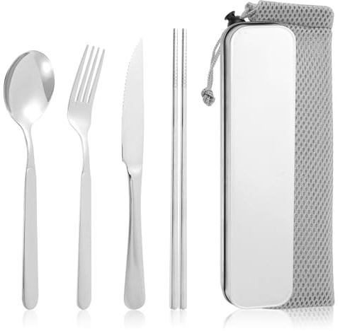 TNTGMG Silberbesteck Set,7PCS Premium Edelstahl Besteck Set inklusive Etui Messer Gabel Löffel Essstäbchen und Tasche,Langlebiges Spiegelpoliertes Geschirr Utensilien für Reisen,Zuhause