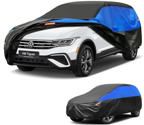 Gunhyi Autoabdeckung Wasserdicht Atmungsaktiv, SUV Abdeckplane für Volkswagen VW Tiguan Allspace, Auto Abdeckung Schwarz Blau vollgarage Autoplane für Regen Sonne Staub Schutz.