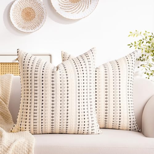 Habodd Boho Kissenbezug 45x45 cm 2er Set Baumwolle Leinen Kissenhülle Beige Grau Gestreift Sofakissen Deko Kissen Bezug Gewebt Strukturiert Kissenbezüge für Sofa Couch Wohnzimmer Schlafzimmer