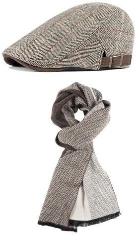CRFASIBE Ensemble Casquette Écharpe Homme d'hiver, Chapeau Gavroche Béret Plate, Écharpe Dounce et Chaude Foulard en Laine Mélangée, Mode Accessoires Hiver, Cadeau pour Homme (Style C)