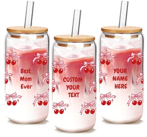 Mason Life Mothers Day Personalized Glass with Lid and Straws 18oz Cherry Decor Iced Coffee Cups with Lids and Straws, Gifts for Mum, Girlfriends, Teachers, Women