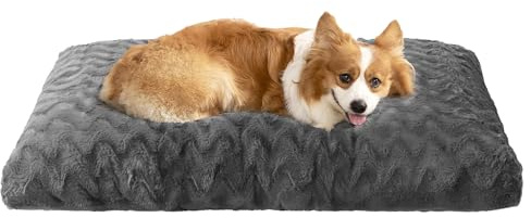 EHEYCIGA Hundebett Grosse Hunde Waschbar, 89x58cm, Hundekissen Flauschig für Mittelgroße Hunde, Kuschelig Umkehrbare Hundematte mit Kunstpelz und Kunstleinen, Dunkelgrau