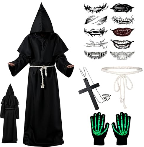 SARYLI Deguisements Moine, Costume Carnavals Homme, Déguisement Halloween Adultes Moine avec Collier-Croix, Costume Robe de Prêtre Médiévale pour Carnivals Halloween Partys Cosplay (L)