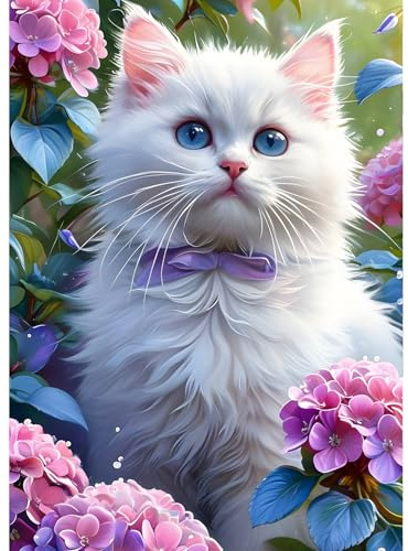 QINRUBB DIY Süße Katze Diamant Painting Bilder Anfänger, 5D Hortensien Blumen Diamond Painting Erwachsene, Runder Vollbohrer Kätzchen Diamant Kunst Kits Kreuzstich Home Wand Dekor 30x40 cm