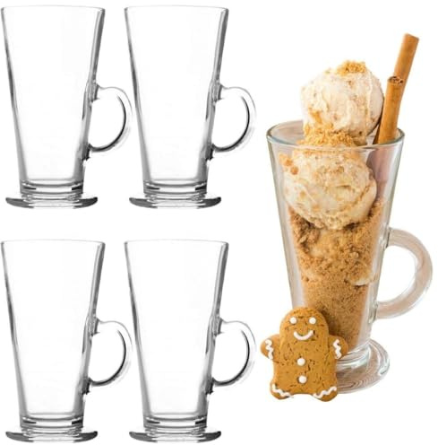 eMKay® Set of 4 Glass Latte Mugs – 300ml | Tall Clear Coffee Cups with Handles | Barista Style Glassware for Home or Office | Dishwasher & Microwave Safe | Hot & Cold Drinks