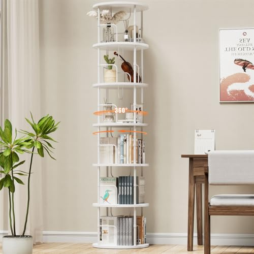 Generisch 360° Drehbares Bücherregal, Bodenstehendes Bücherschrank Aus Holz, Bookshelf Mit 6 Ebenen, Verstellbare Ebenen, Standregal, 45×45×193cm, Weiß