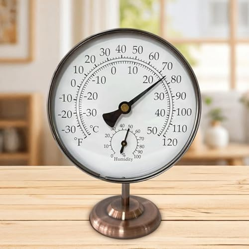 Bronzefarbenes Vintage-Thermometer-Hygrometer, 10,2 cm, Tischfeuchtigkeits- und Temperatur-Raummonitor, Verwendung im Innen- und Außenbereich, Fahrenheits-Celsius Zifferblatt leicht ablesbar