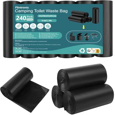 flintronic Toilettenbeutel Schwarz Set, Biologisch Abbaubare Toilettenbeutel, 30L Campingtoilette Beutel, wasserdichte Trenntoilette Zubehör für Campen, Wandern, Reisen