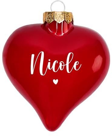 Herz & Heim® Personalisierte Weihnachtsbaumkugel in Herzform aus Glas – Christbaumkugel-Herz als Deko oder Geschenk – Weihnachtskugel mit Name oder Foto als Christbaumschmuck (Herzchen, Rot glänzend)