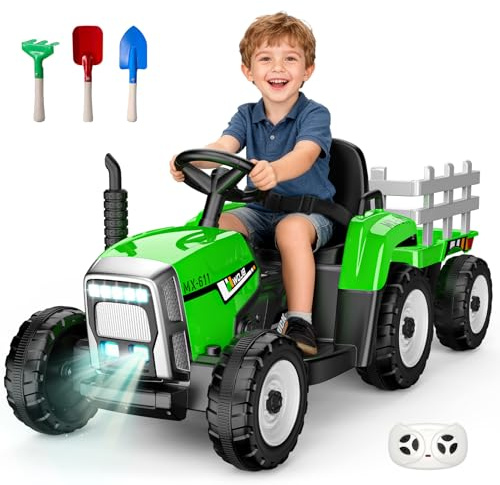 Spielzeug ab 3-7 Jahre: Elektrotraktor mit abnehmbarem Anhänger - Fernsteuerbares Traktor Spielzeug für Kinder von 3-7 Jahren, 12V Kinder-Elektrofahrzeug Rutschauto Geschenk für Kinder ab 3 Jahren