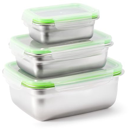 Zymuegist Brotdose Edelstahl 3er Set, Auslaufsichere Lunchboxen mit Deckel, BPA-frei & Spülmaschinenfest, Meal Prep Boxen in Verschiedenen Größen für Kinder, Schule, Arbeit & Bento (Grün)