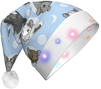 ssmbnvv Weihnachtsmütze mit blauem Chinchillas und Mond-Druck, beleuchtet, mit 3 Blitzmodi, Plüsch, festliche Weihnachtsmütze für Partys und Veranstaltungen